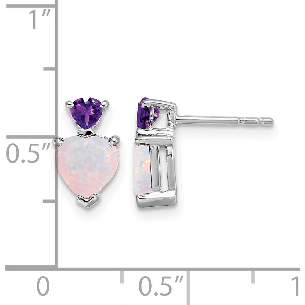 14K White Gold Created Opal and Amethyst Heart Drop Earrings - 0.75 Carat Total Opal Weight, 0.28 Carat Total Amethyst Weight by Monteluci Fine Jewelry