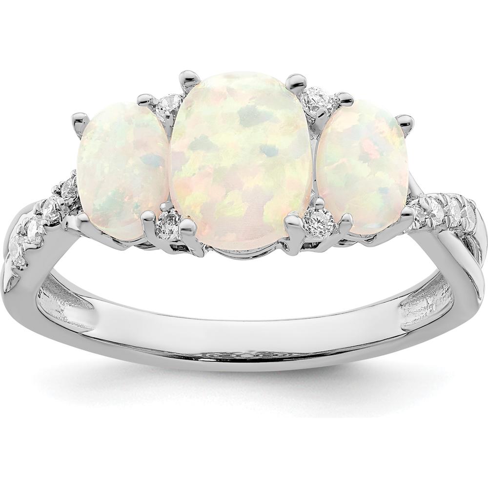 14K White Gold Created Opal and Diamond 3-Stone Ring - 0.44 Carat Total Opal Weight, 0.16 Carat Total Diamond Weight by 0