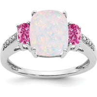 14K White Gold Created Opal, Created Pink Sapphire, and Diamond Three-Stone Ring - 1.8 Carat Total Gemstone Weight by 0