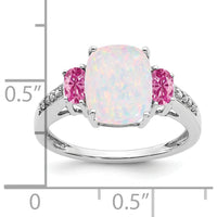 14K White Gold Created Opal, Created Pink Sapphire, and Diamond Three-Stone Ring - 1.8 Carat Total Gemstone Weight by 0