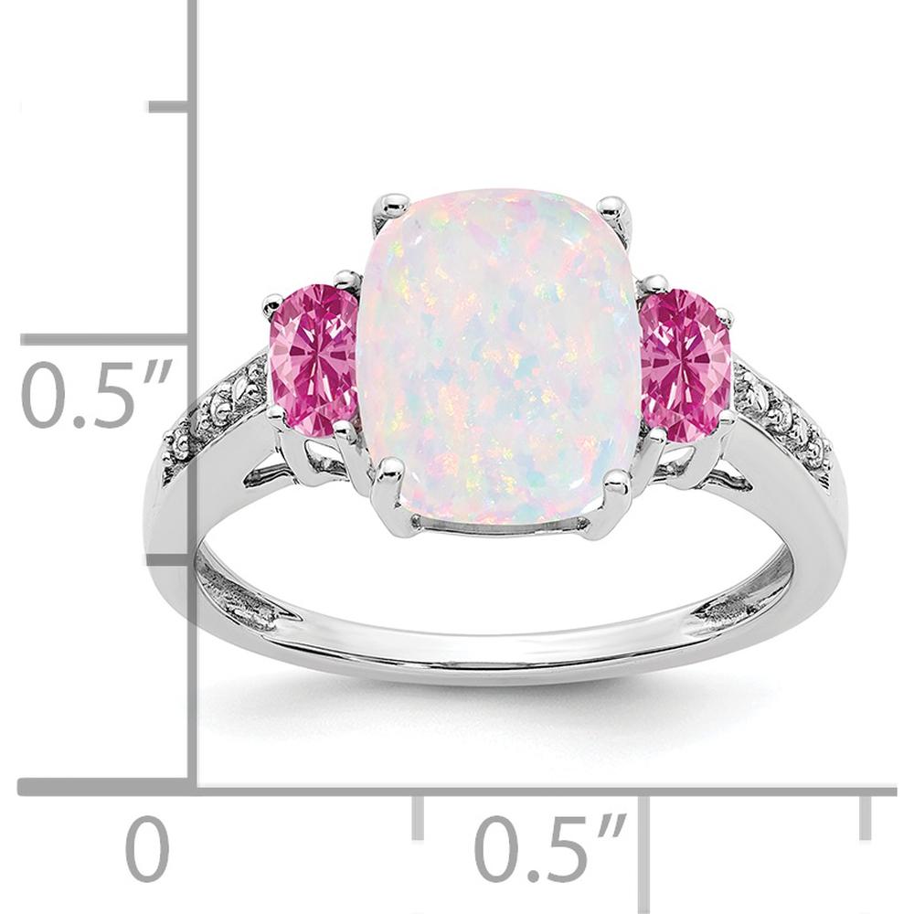 14K White Gold Created Opal, Created Pink Sapphire, and Diamond Three-Stone Ring - 1.8 Carat Total Gemstone Weight by 0