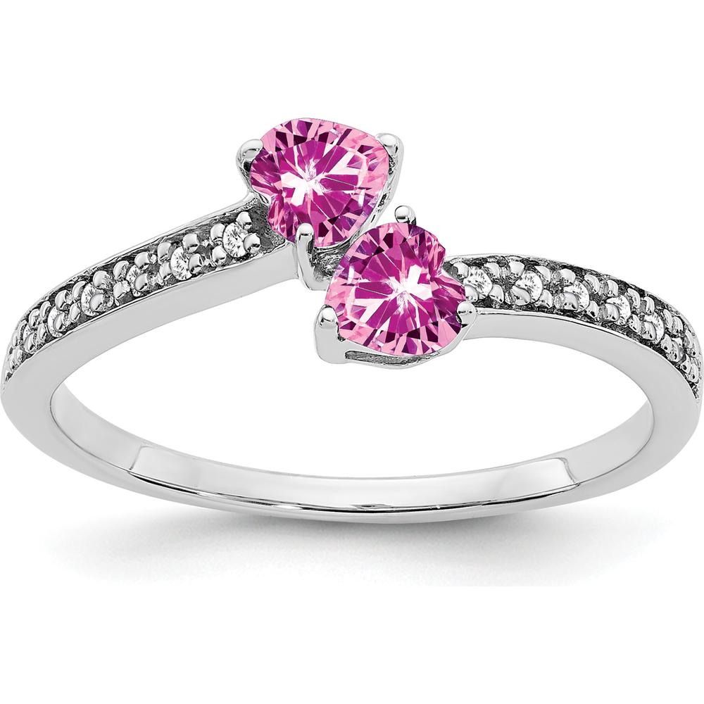 14K White Gold Created Pink Sapphire and Diamond 2-Stone Heart Ring - .75 Carat Total Pink Sapphire Weight, .005 Carat Total Diamond Weight by 0