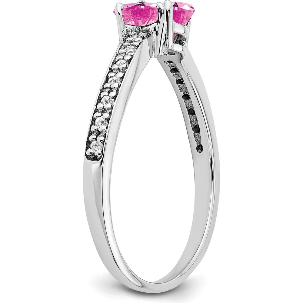 14K White Gold Created Pink Sapphire and Diamond 2-Stone Heart Ring - .75 Carat Total Pink Sapphire Weight, .005 Carat Total Diamond Weight by 0