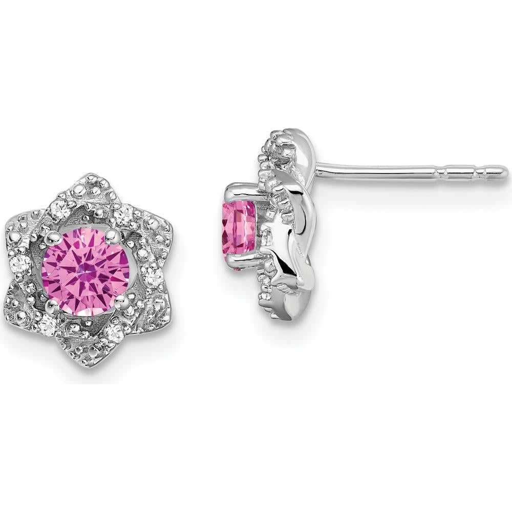 14K White Gold Created Pink Sapphire and Diamond Button Earrings - 0.24 Carat Total Gem Weight by Monteluci Fine Jewelry