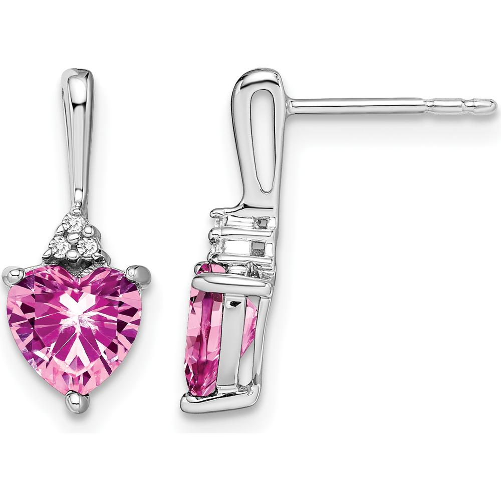 14K White Gold Created Pink Sapphire and Diamond Heart Drop Earrings - 0.75 Carat Total Gem Weight by Monteluci Fine Jewelry