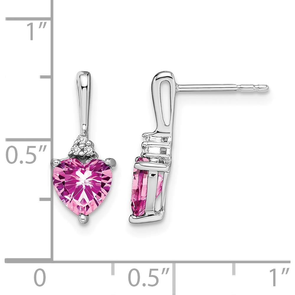14K White Gold Created Pink Sapphire and Diamond Heart Drop Earrings - 0.75 Carat Total Gem Weight by Monteluci Fine Jewelry