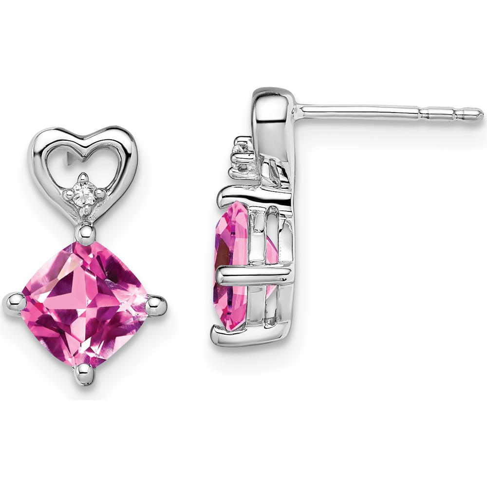 14K White Gold Created Pink Sapphire and Diamond Heart Drop Earrings - 1.25 Carat Total Sapphire Weight by Oro Pregiato