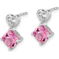 14K White Gold Created Pink Sapphire and Diamond Heart Drop Earrings - 1.25 Carat Total Sapphire Weight by Oro Pregiato
