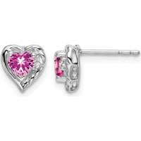 14K White Gold Created Pink Sapphire and Diamond Heart Earrings - 0.3137 Carat Total Sapphire Weight by Monteluci Fine Jewelry