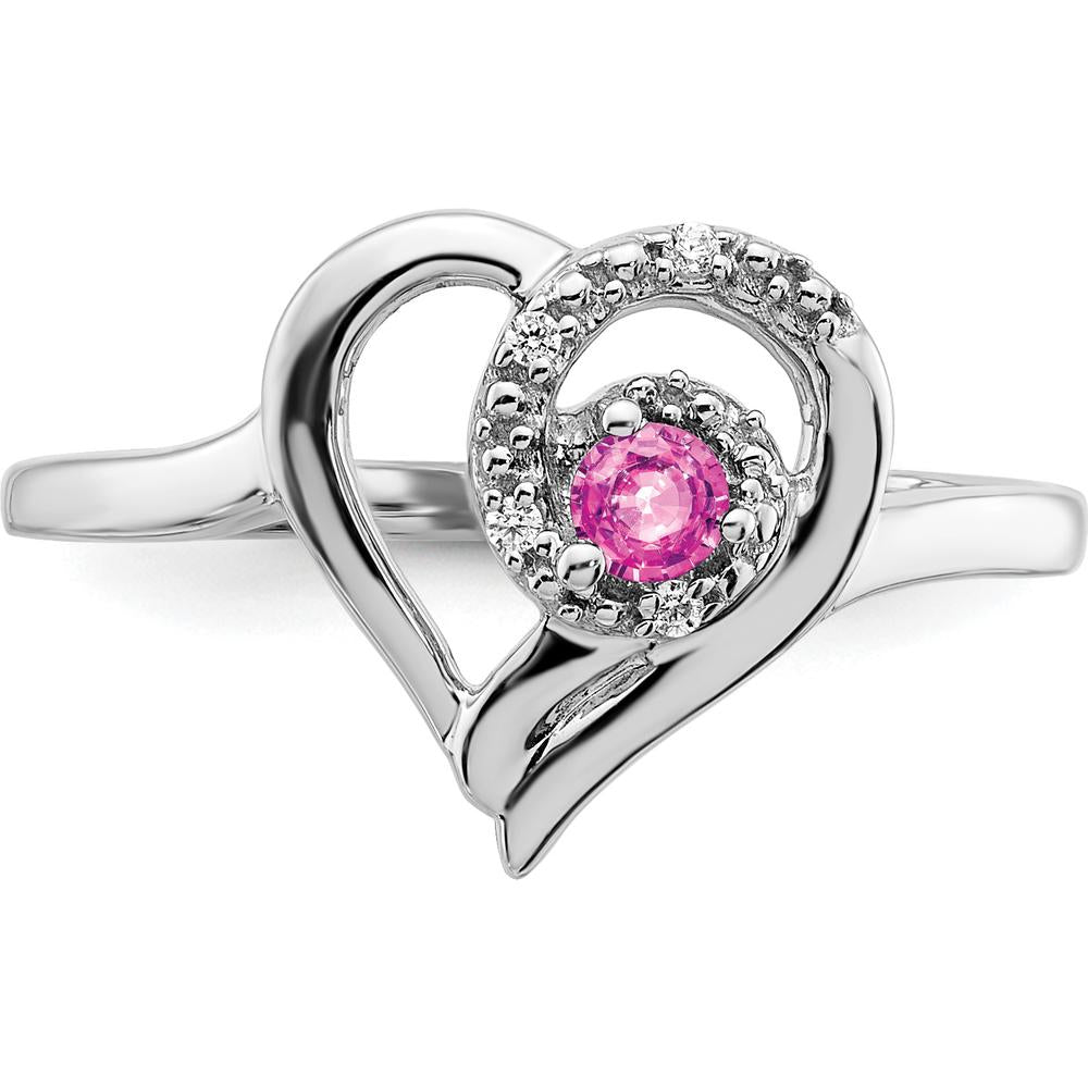 14K White Gold Created Pink Sapphire and Diamond Heart Ring with Round Diamonds - 0.075 Carat Pink Sapphire Weight by 0