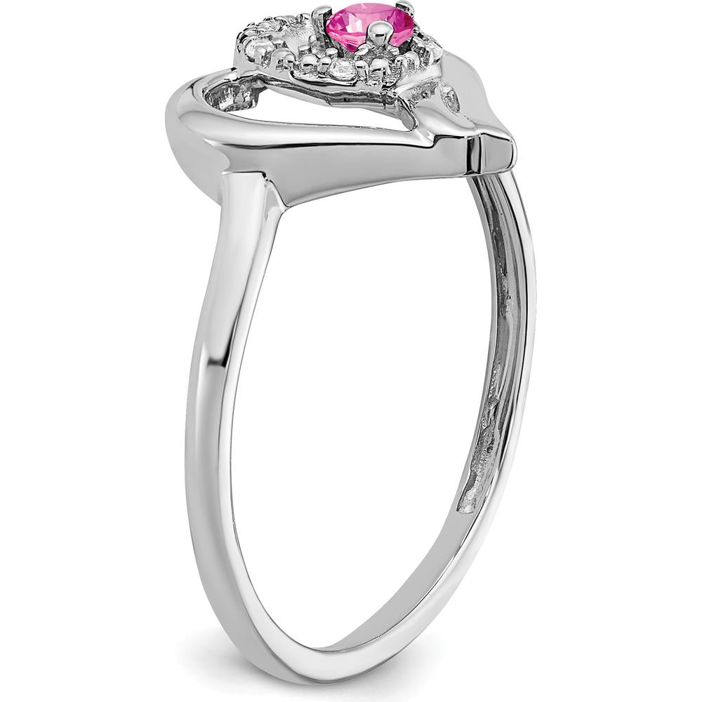 14K White Gold Created Pink Sapphire and Diamond Heart Ring with Round Diamonds - 0.075 Carat Pink Sapphire Weight by 0