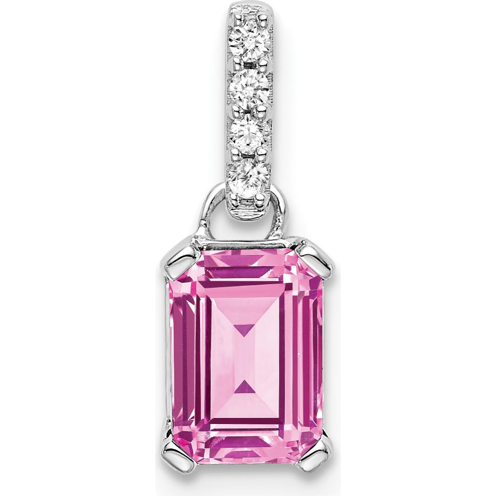 14K White Gold Created Pink Sapphire and Diamond Pendant with Round Diamonds - 0.01 Carat Total Diamond Weight by Oro Pregiato