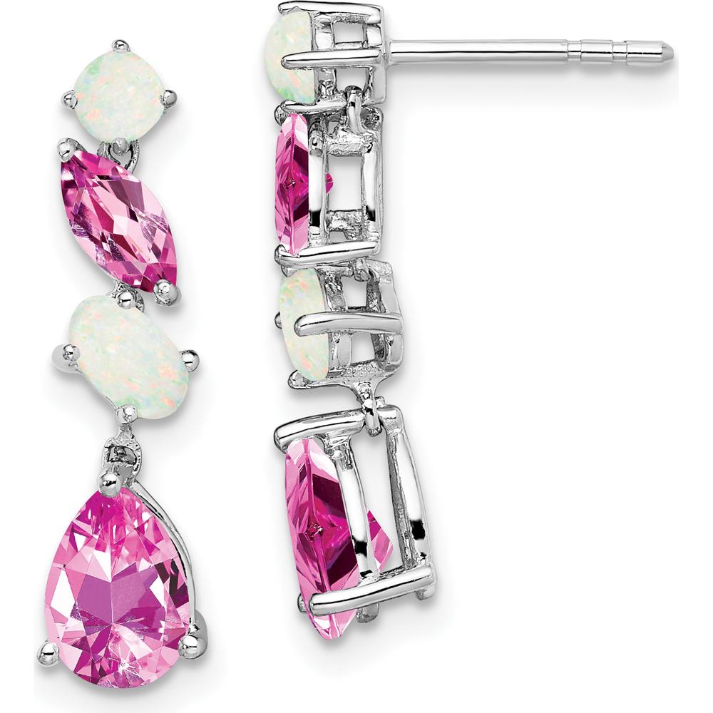 14K White Gold Created Pink Sapphire and Opal Dangle Earrings - 1.42 Carat Total Gemstone Weight by Monteluci Fine Jewelry