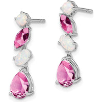 14K White Gold Created Pink Sapphire and Opal Dangle Earrings - 1.42 Carat Total Gemstone Weight by Monteluci Fine Jewelry