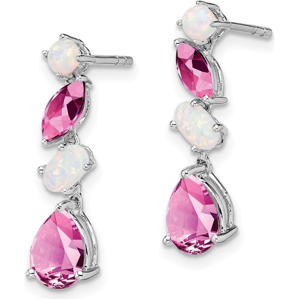 14K White Gold Created Pink Sapphire and Opal Dangle Earrings - 1.42 Carat Total Gemstone Weight by Monteluci Fine Jewelry