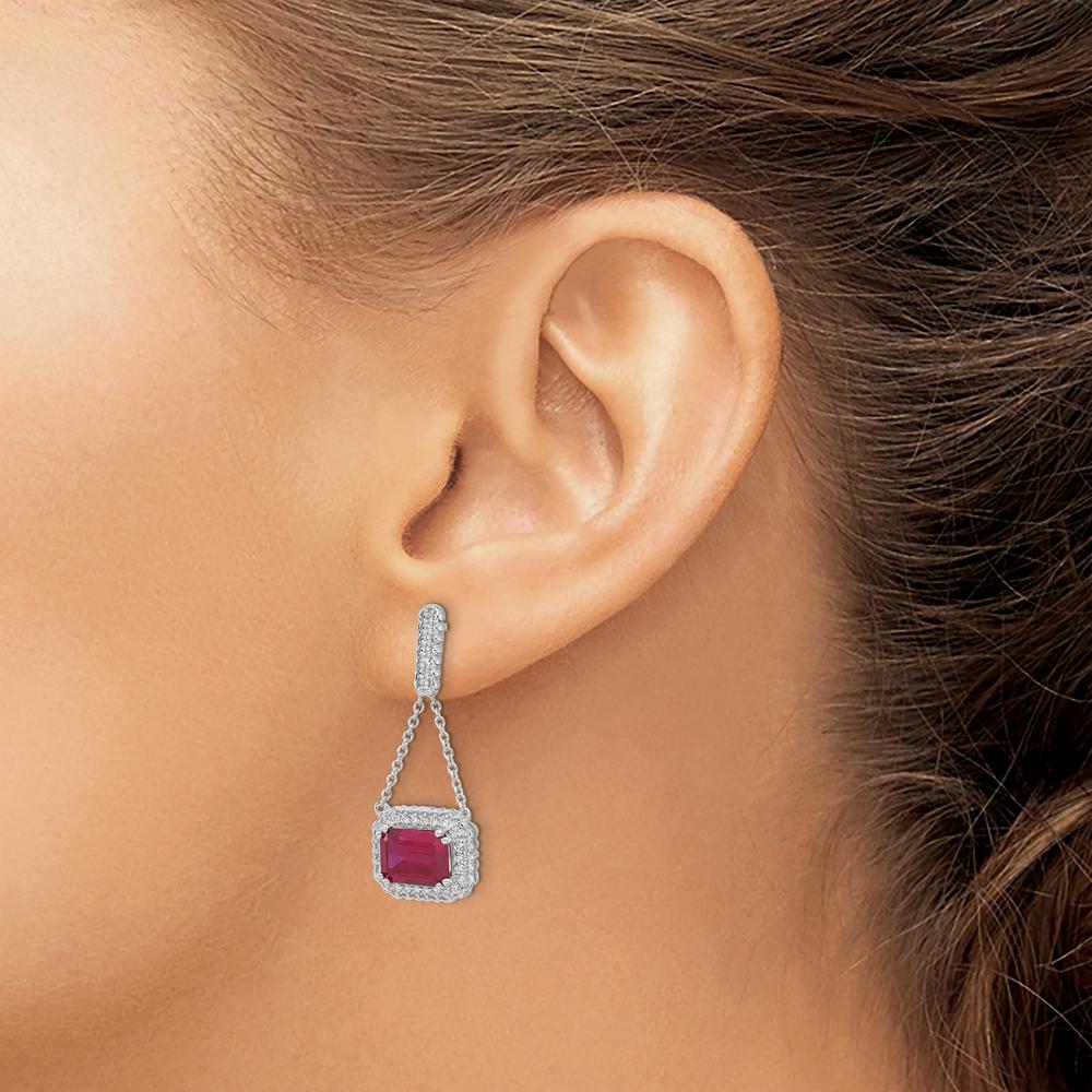 14K White Gold Created Ruby and Diamond Dangle Earrings - 1.6 Carat Total Ruby Weight, 0.33 Carat Total Diamond Weight by Monteluci Fine Jewelry