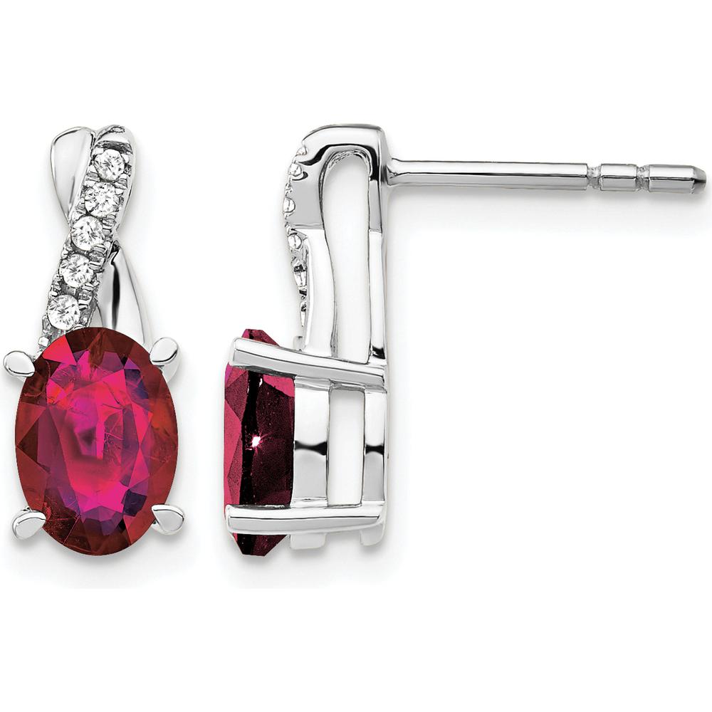 14K White Gold Created Ruby and Diamond Drop Earrings with Round Diamonds - 0.06 Carat Total Diamond Weight by Oro Pregiato