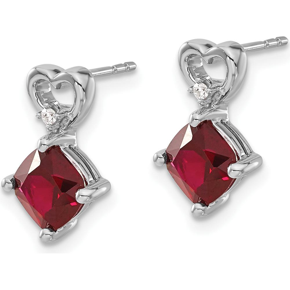 14K White Gold Created Ruby and Diamond Heart Drop Earrings - 1.25 Carat Total Ruby Weight, 0.01 Carat Total Diamond Weight by Oro Pregiato