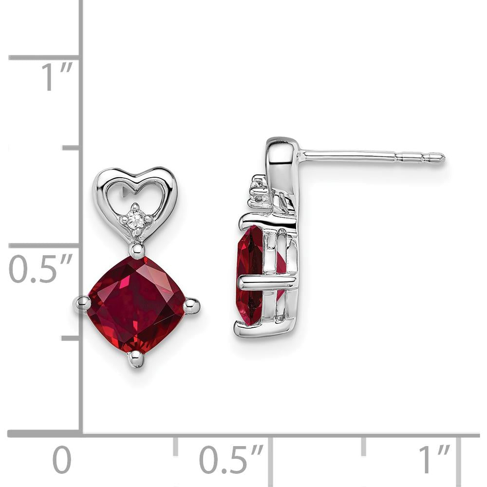 14K White Gold Created Ruby and Diamond Heart Drop Earrings - 1.25 Carat Total Ruby Weight, 0.01 Carat Total Diamond Weight by Oro Pregiato