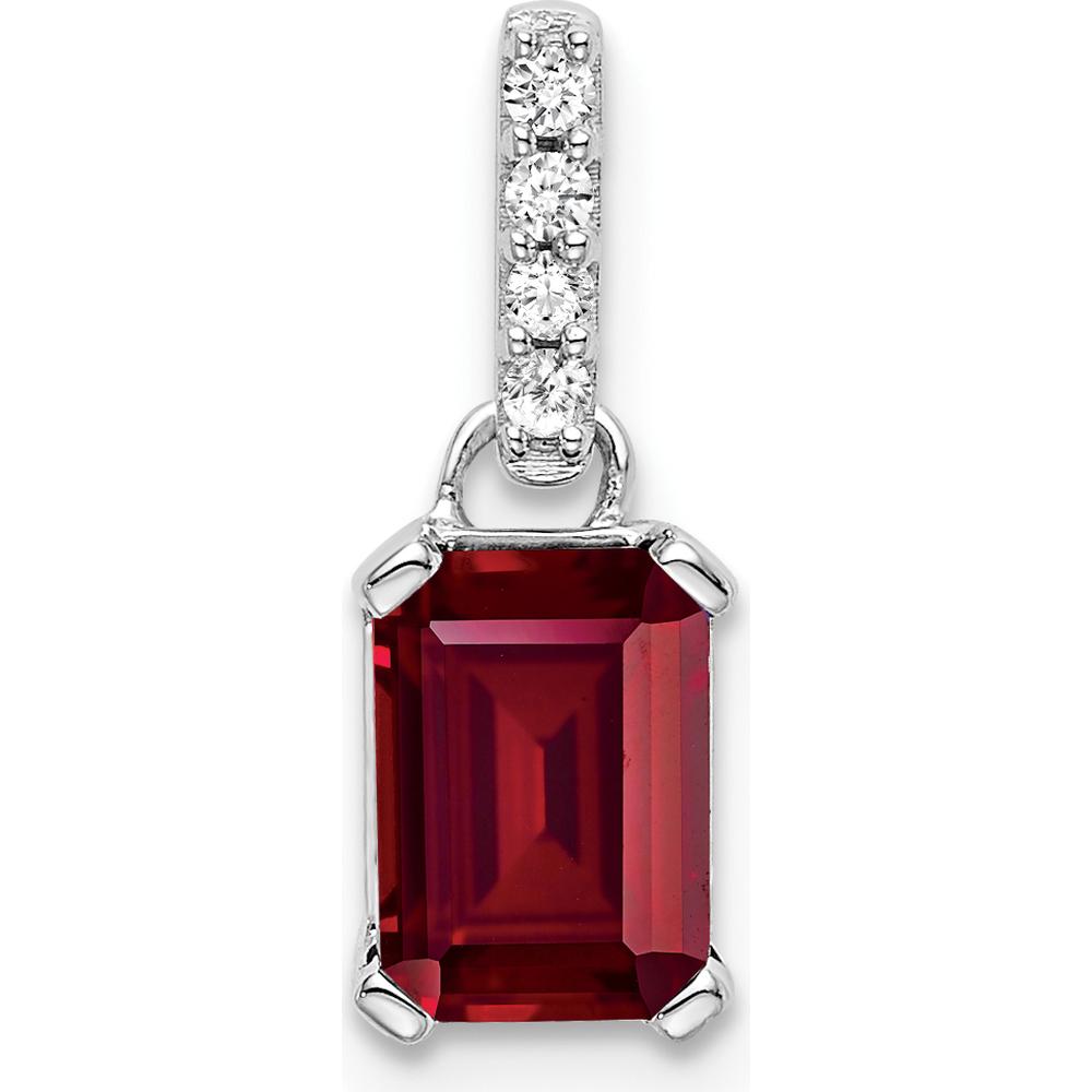 14K White Gold Created Ruby and Diamond Pendant - 7x5mm Ruby & 0.01 Carat Diamonds by Oro Pregiato