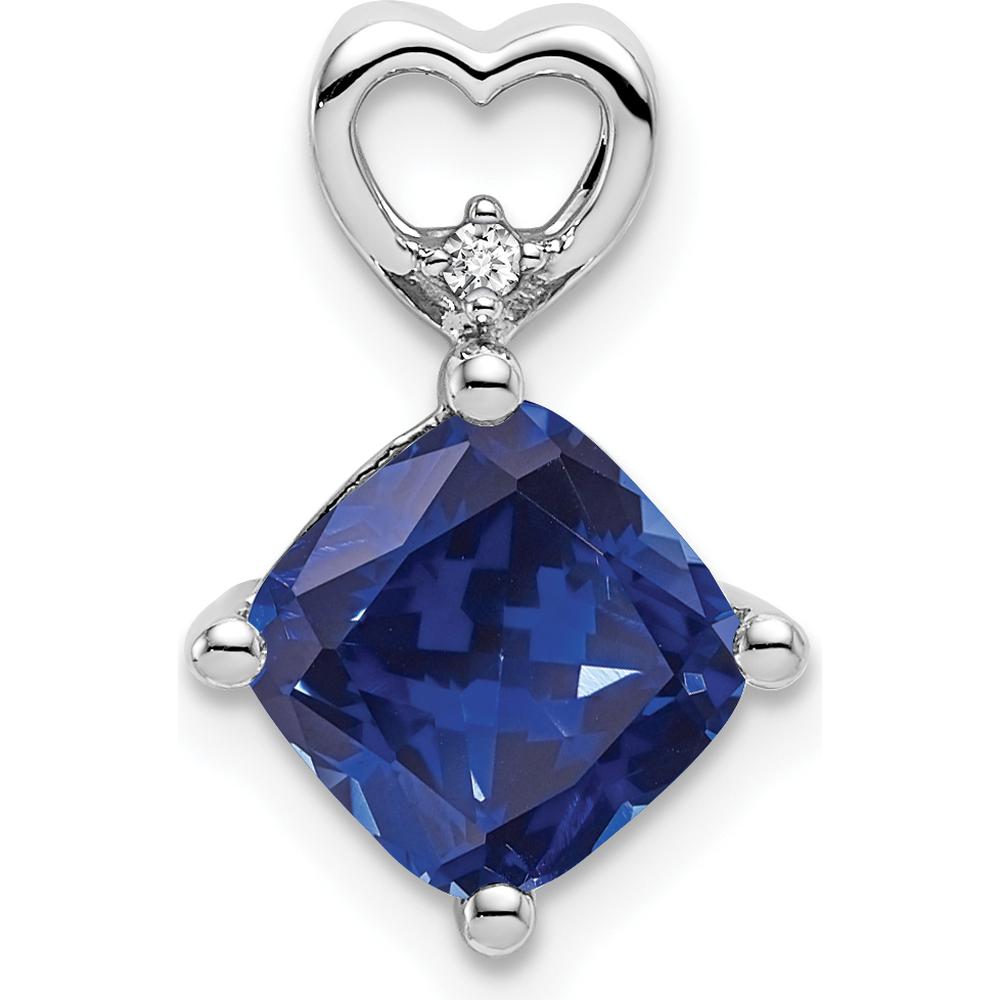 14K White Gold Created Sapphire and Diamond Heart Pendant Slide - 1.655 Carat Created Sapphire, 0.01 Carat Diamond by Oro Pregiato
