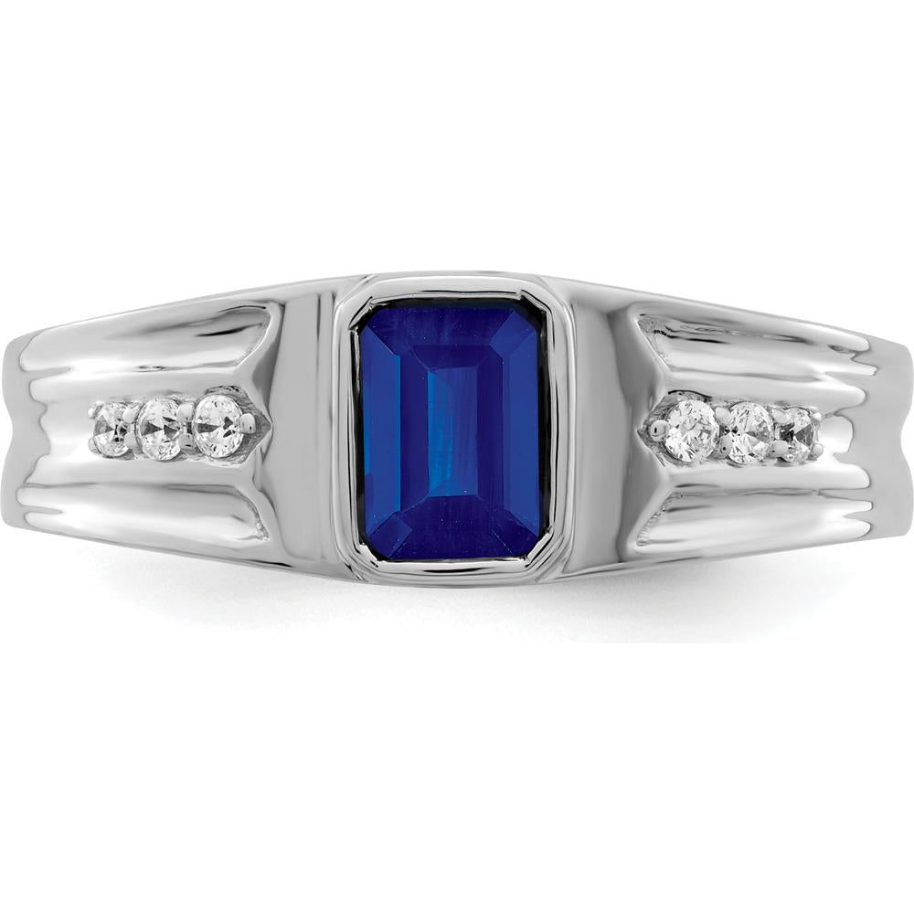 14K White Gold Created Sapphire and Diamond Men's Ring - 1.02 Carat Total Gem Weight by 0