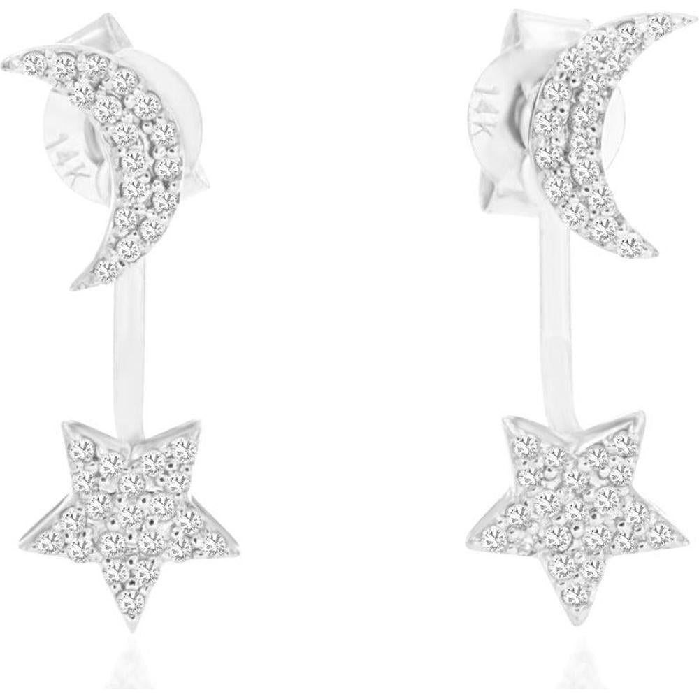 14K White Gold Crescent Moon and Star Drop Earrings with Pavé Set Round Diamonds - 0.22 Carat Total Diamond Weight - Royal Jewelry