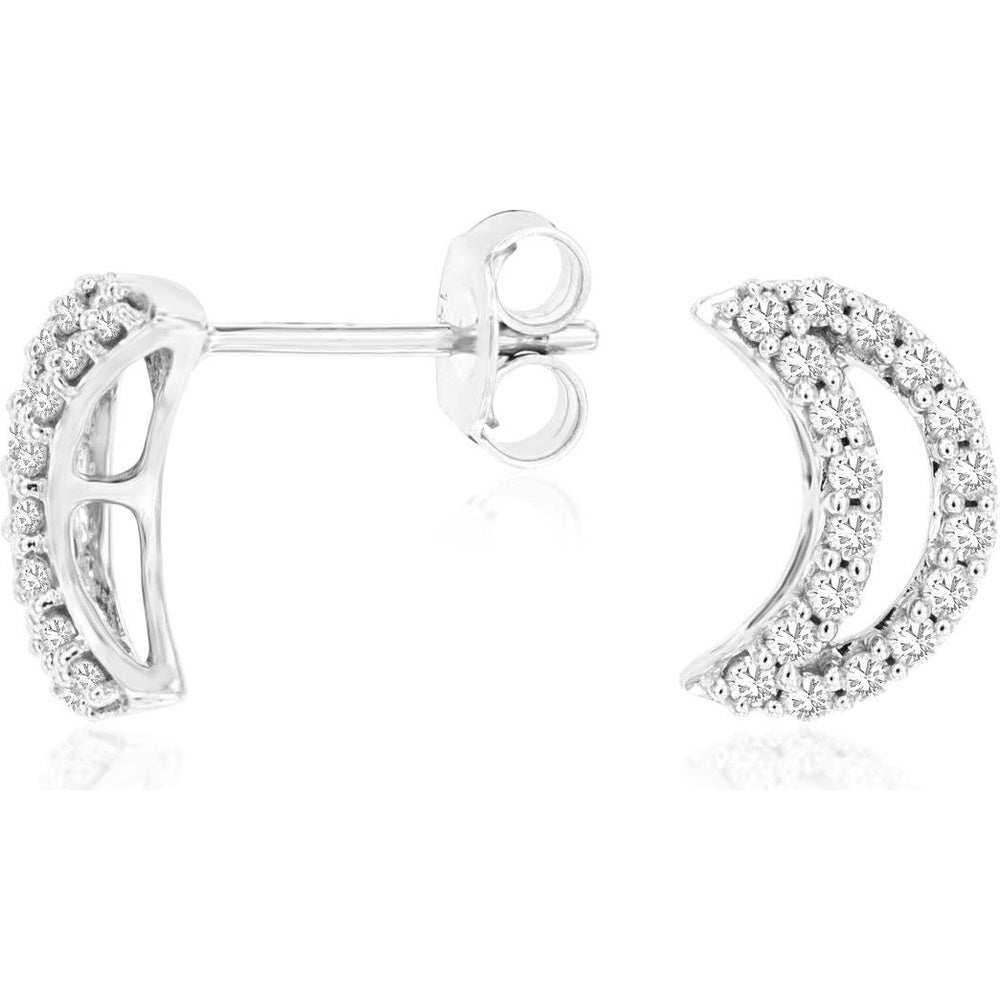 14K White Gold Crescent Stud Earrings with Pavé-Set Round Diamonds and Milgrain Detail - 0.33 Carat Total Diamond Weight - Royal Jewelry