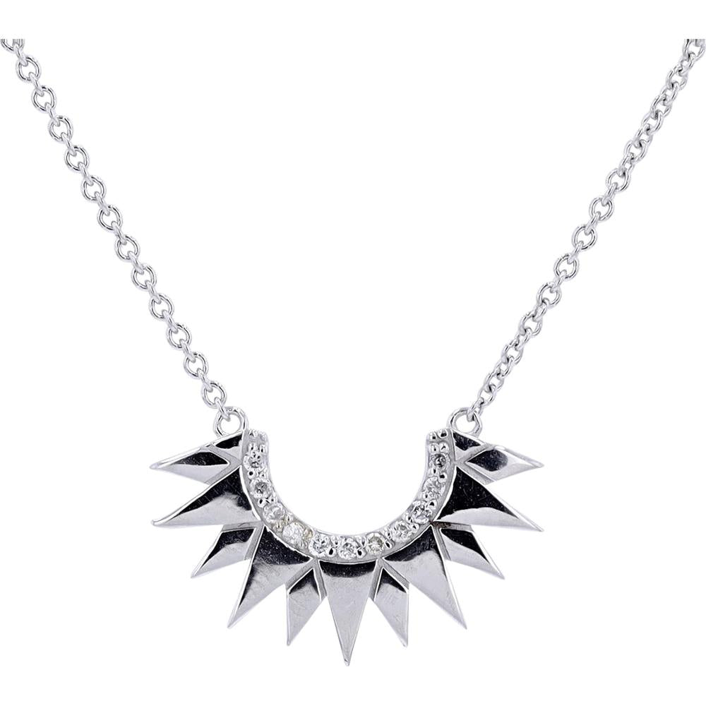 14K White Gold Crescent Sunburst Necklace with Round Diamonds - 0.07 Carats Total Diamond Weight