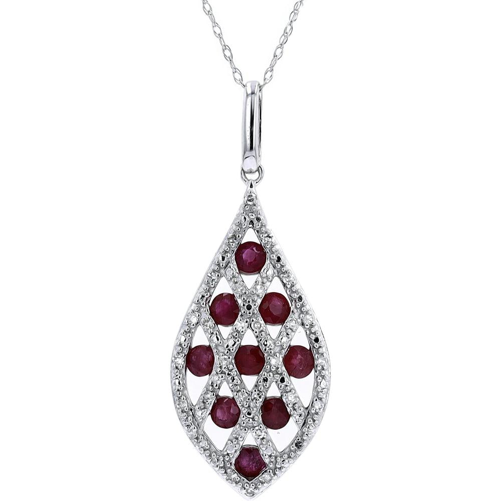 14K White Gold Criss-Cross Teardrop Pendant with Round-Cut Rubies - 0.12 Carats Total Weight
