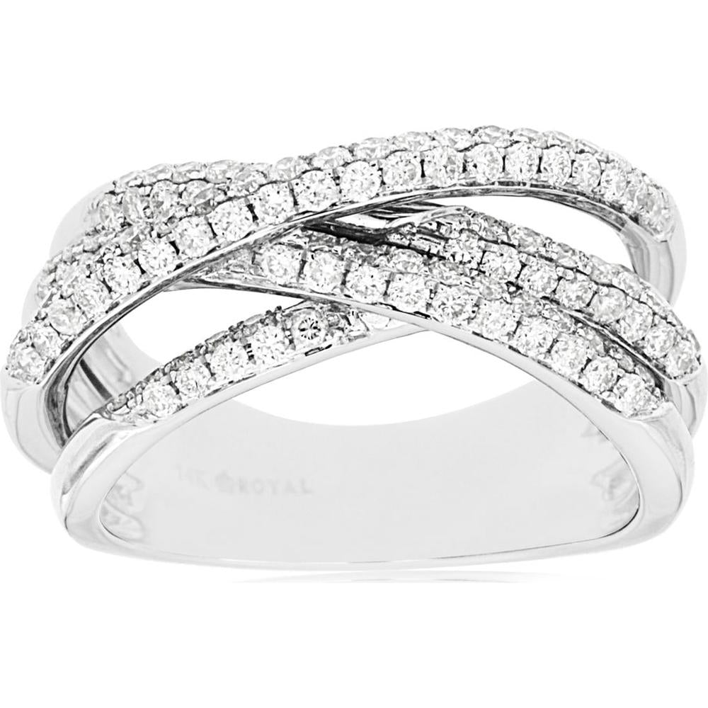 14K White Gold Crisscross Diamond Ring with Round Diamonds - 1.10 Carat Total Diamond Weight - Royal Jewelry