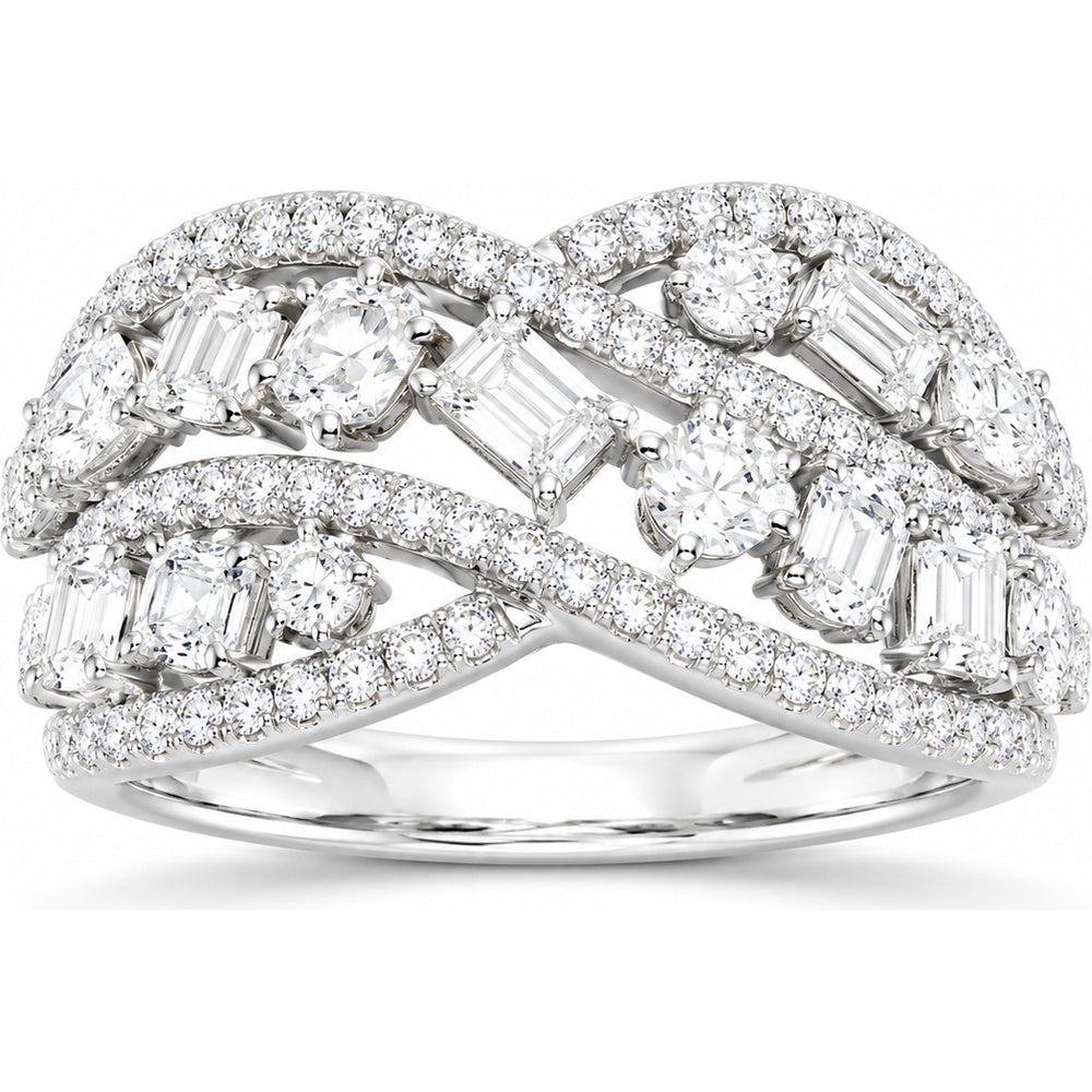 14K White Gold Crisscross Fashion Ring with Prong-Set Emerald and Round Diamonds - 2.14 Carat Total Diamond Weight by Auriventus