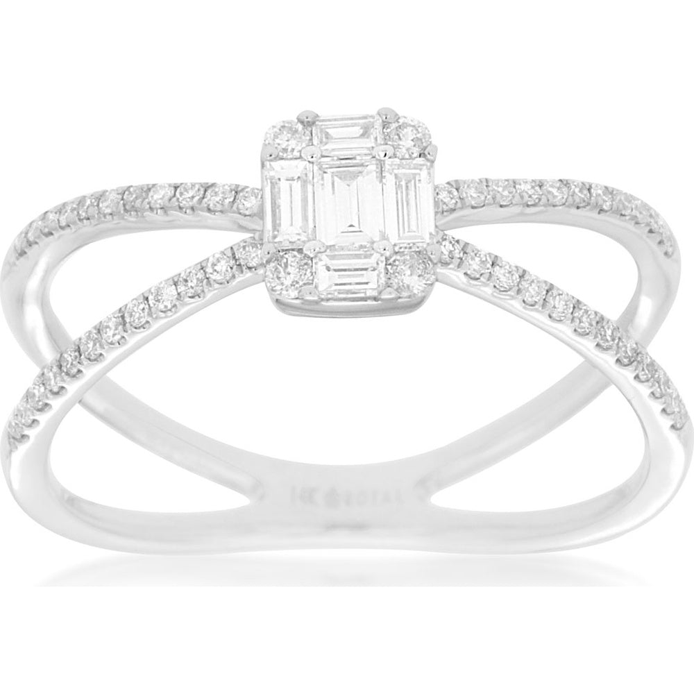 14K White Gold Crisscross Halo Ring with Baguette and Round Diamonds - 0.37 Carat Total Diamond Weight - Royal Jewelry