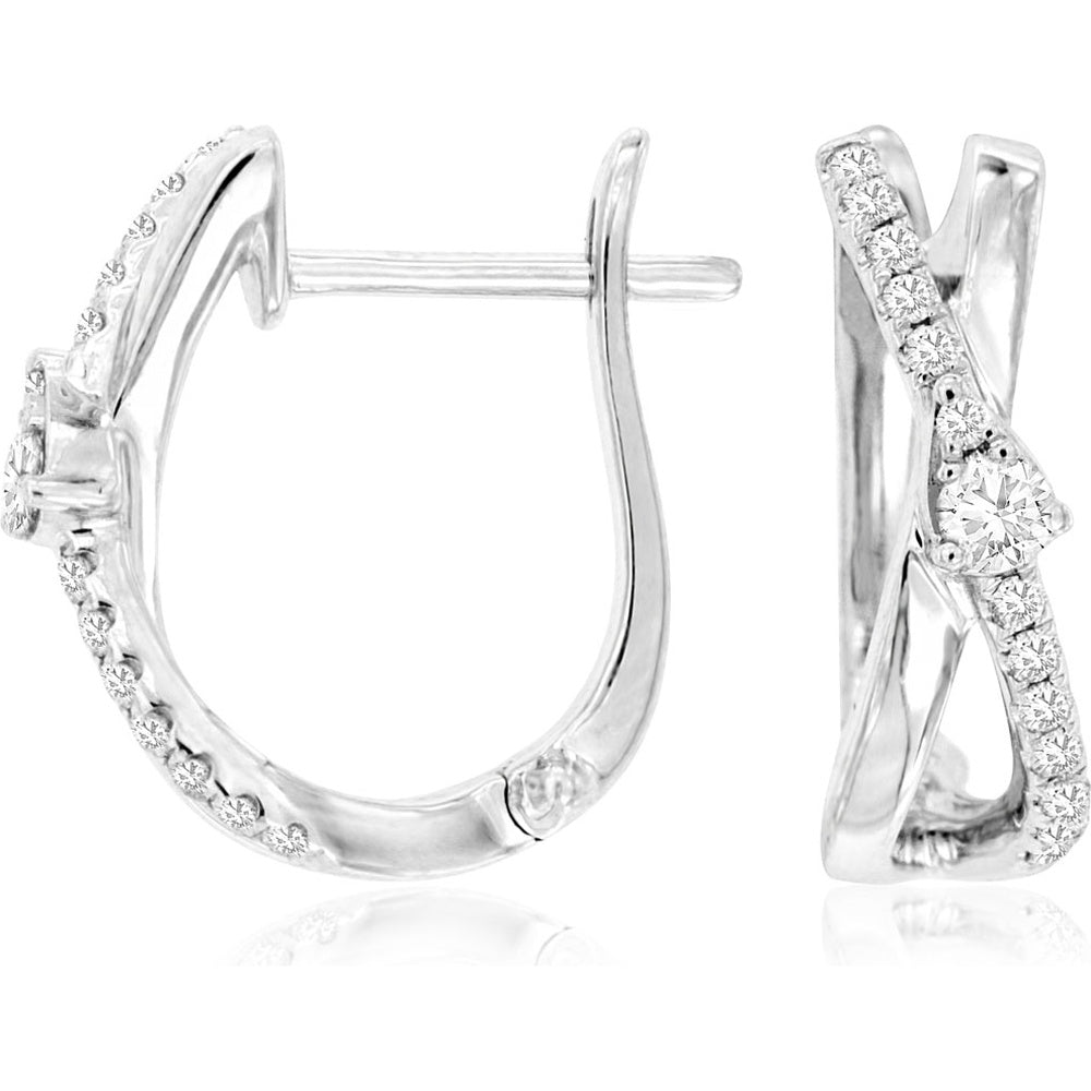 14K White Gold Crisscross Hoop Earrings with Pavé-Set and Prong-Set Round Diamonds - 0.21 Carat Total Diamond Weight - Royal Jewelry