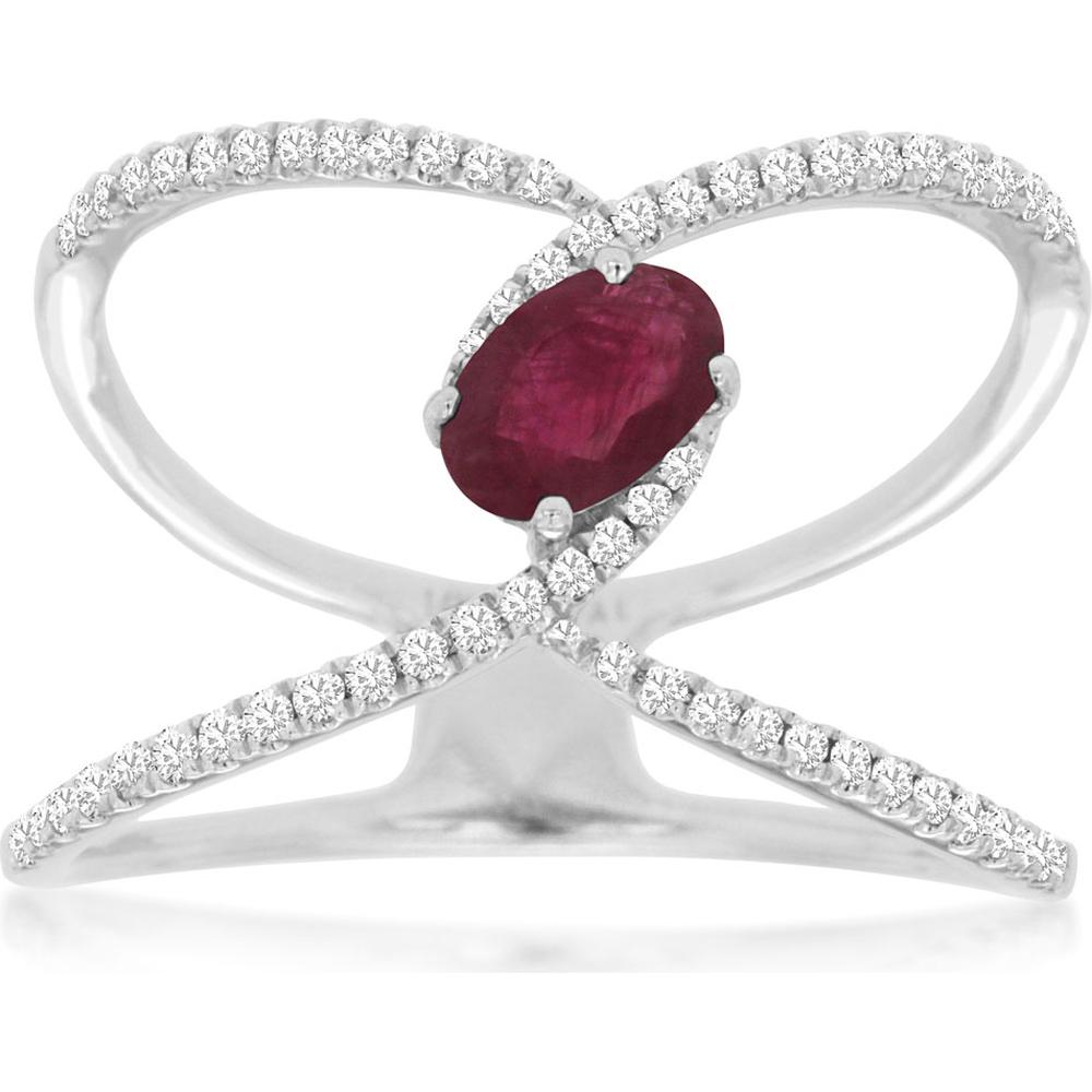 14K White Gold Crisscross Ring with 0.55 Carat Oval Ruby and 0.23 Carat Pavé Set Diamonds - Royal Jewelry