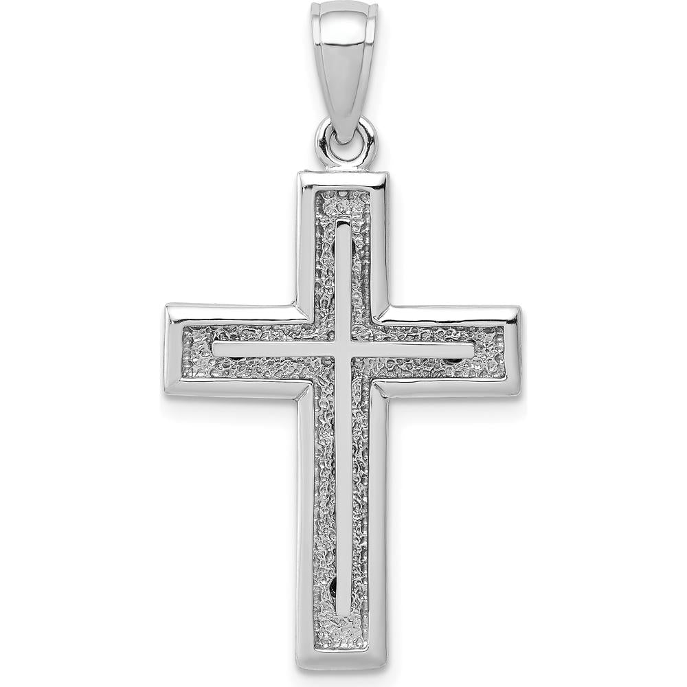 14K White Gold Cross Charm Pendant with Textured Back and Rhodium Plating by Oro Pregiato