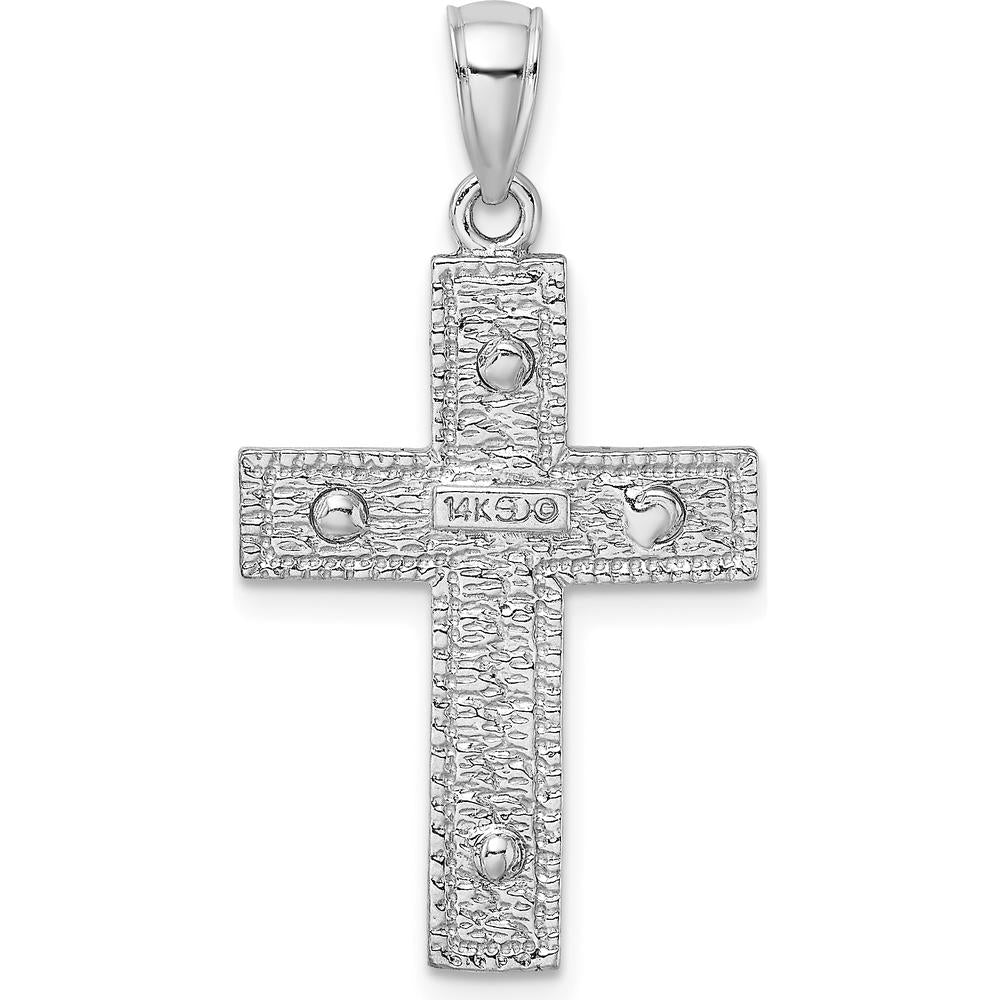 14K White Gold Cross Charm Pendant with Textured Back and Rhodium Plating by Oro Pregiato