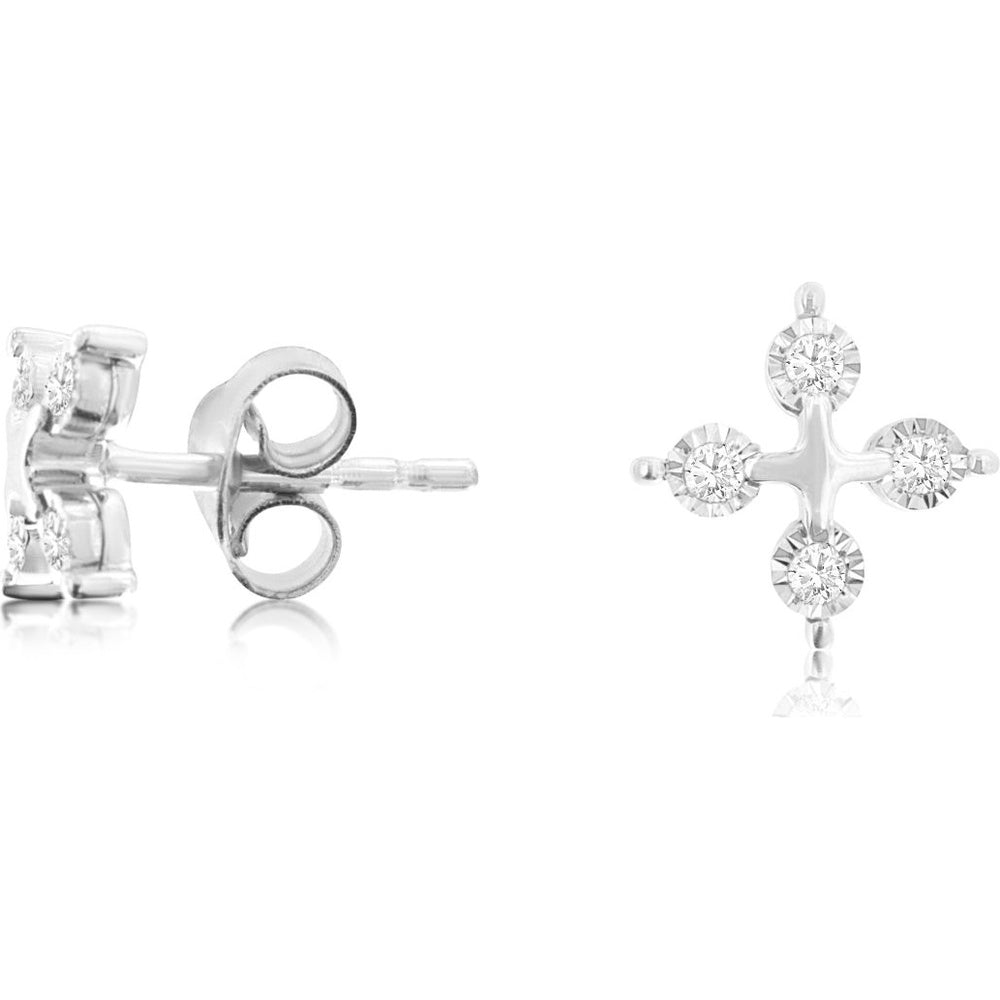 14K White Gold Cross Motif Stud Earrings with Milgrain Detail and Round Diamonds - 0.10 Carat Total Diamond Weight - Royal Jewelry