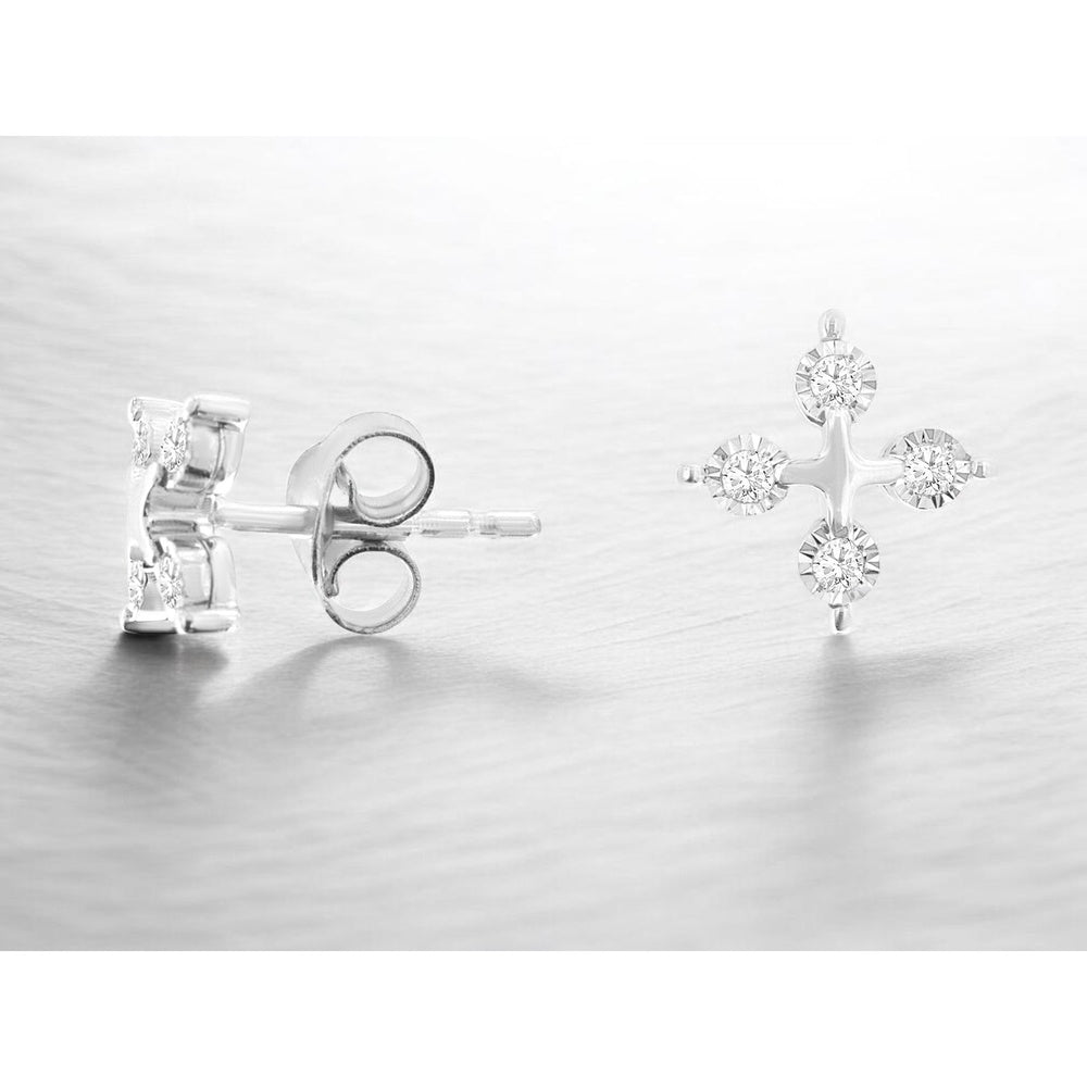 14K White Gold Cross Motif Stud Earrings with Milgrain Detail and Round Diamonds - 0.10 Carat Total Diamond Weight - Royal Jewelry