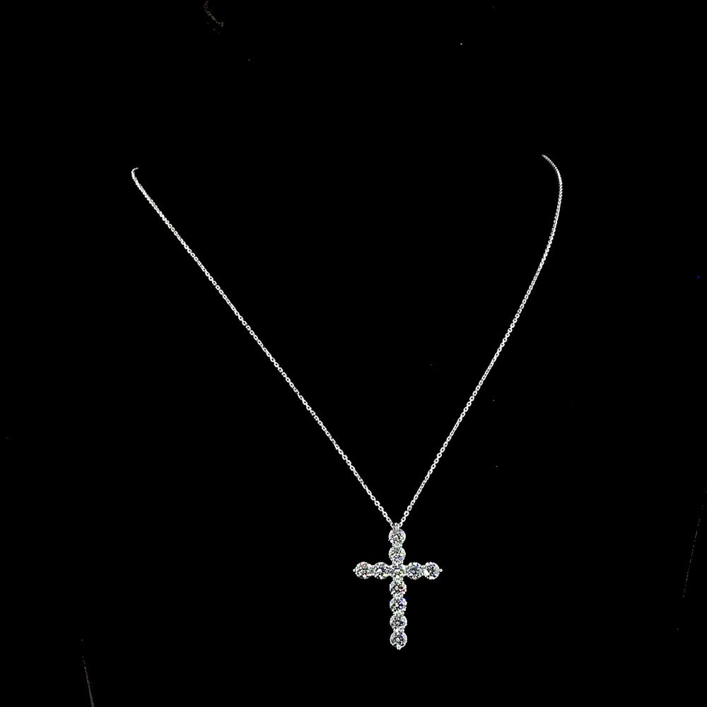 14K White Gold Cross Pendant with 11 Prong-Set Round Brilliant Cut Lab Diamonds - 2.98 Carats Total Diamond Weight - Covaloro Fine Jewelry