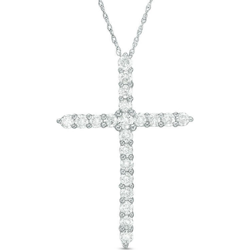 14K White Gold Cross Pendant with 4-Prong Set Round Diamonds - 1.05 Carat Total Diamond Weight by Auriventus