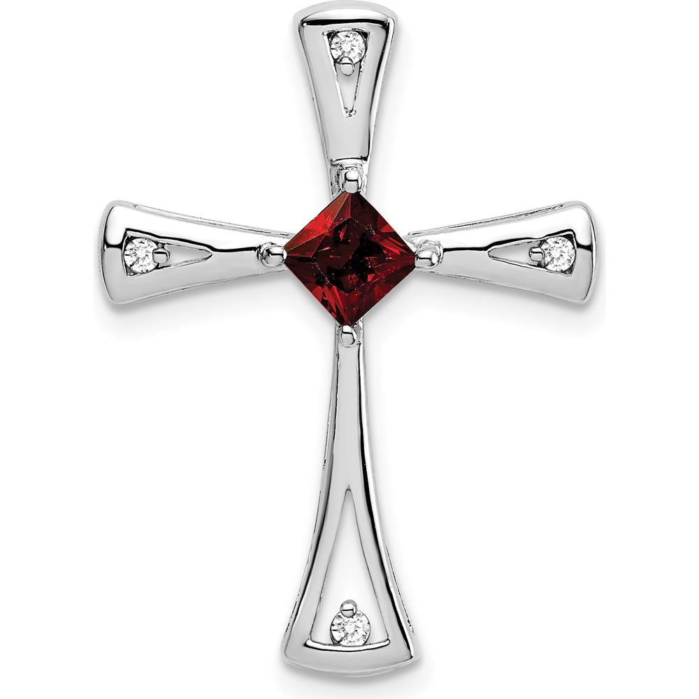 14K White Gold Cross Pendant with 4mm Square Garnet and Round Diamonds - 0.295 Carat Total Garnet Weight by Lumare Gioia