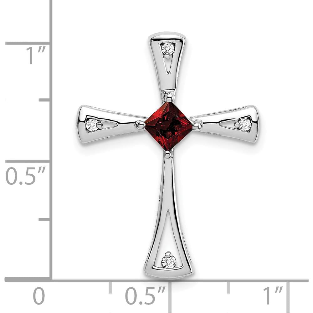 14K White Gold Cross Pendant with 4mm Square Garnet and Round Diamonds - 0.295 Carat Total Garnet Weight by Lumare Gioia