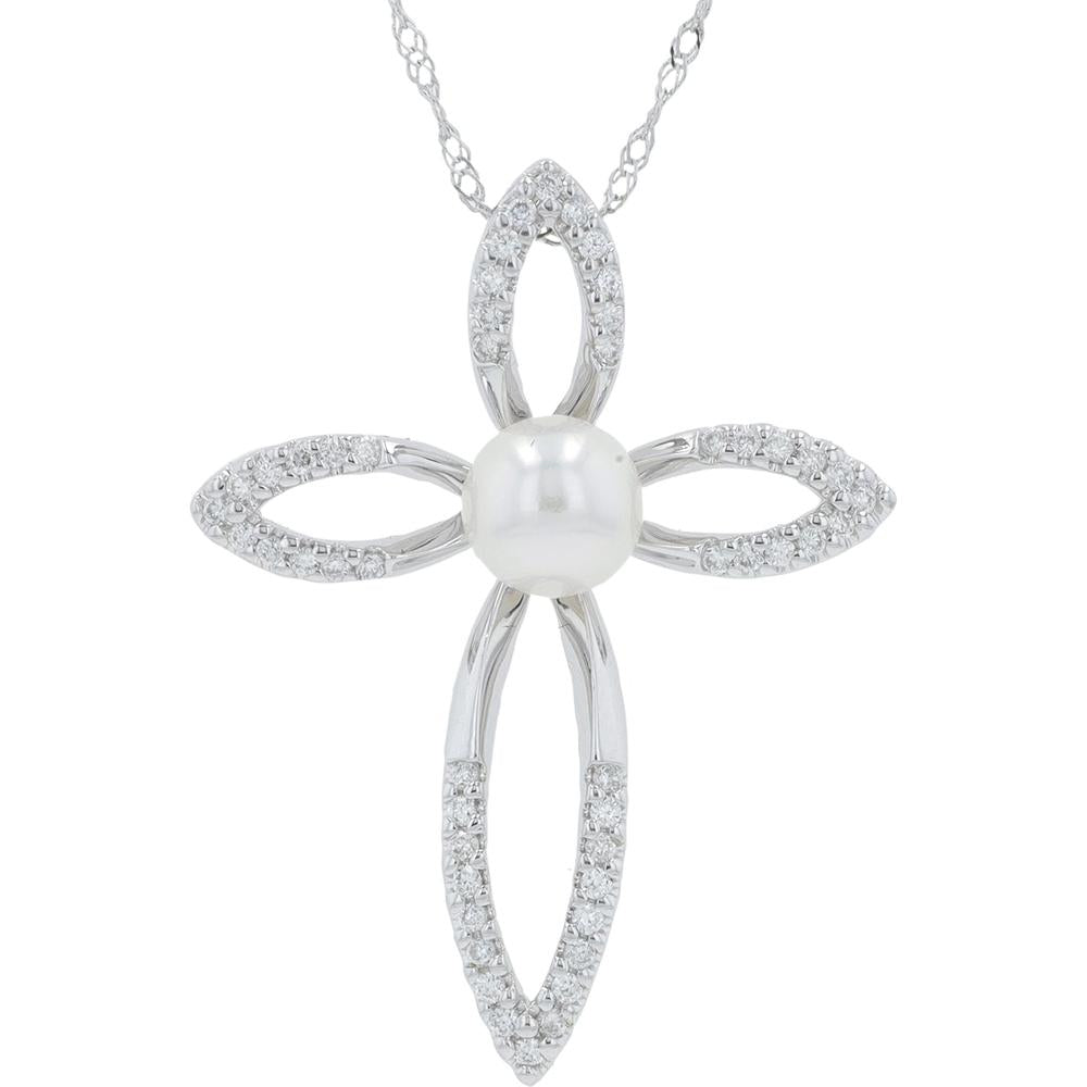 14K White Gold Cross Pendant with 5mm Cultured Pearl and 0.17 Carat Diamond Accents