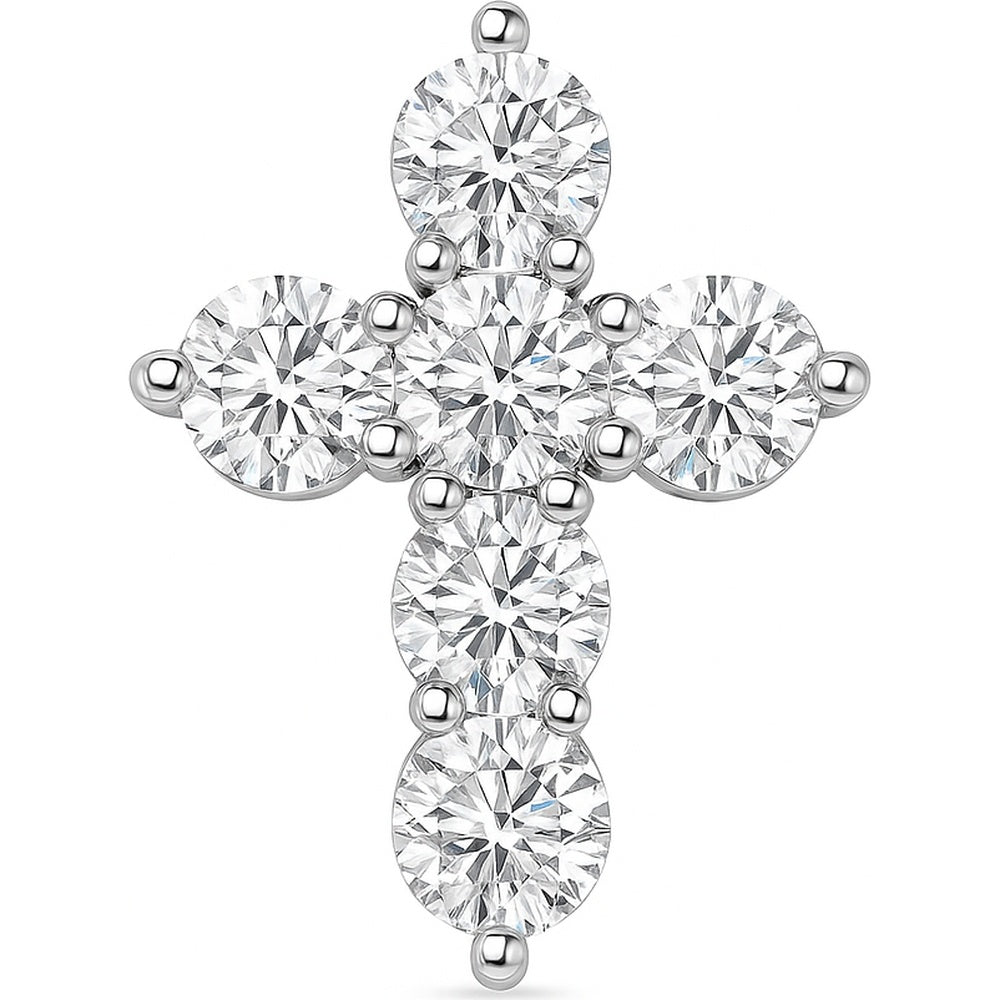14K White Gold Cross Pendant with 6 Prong-Set Round Brilliant Diamonds - 1.47 Carat Total Diamond Weight by Auriventus