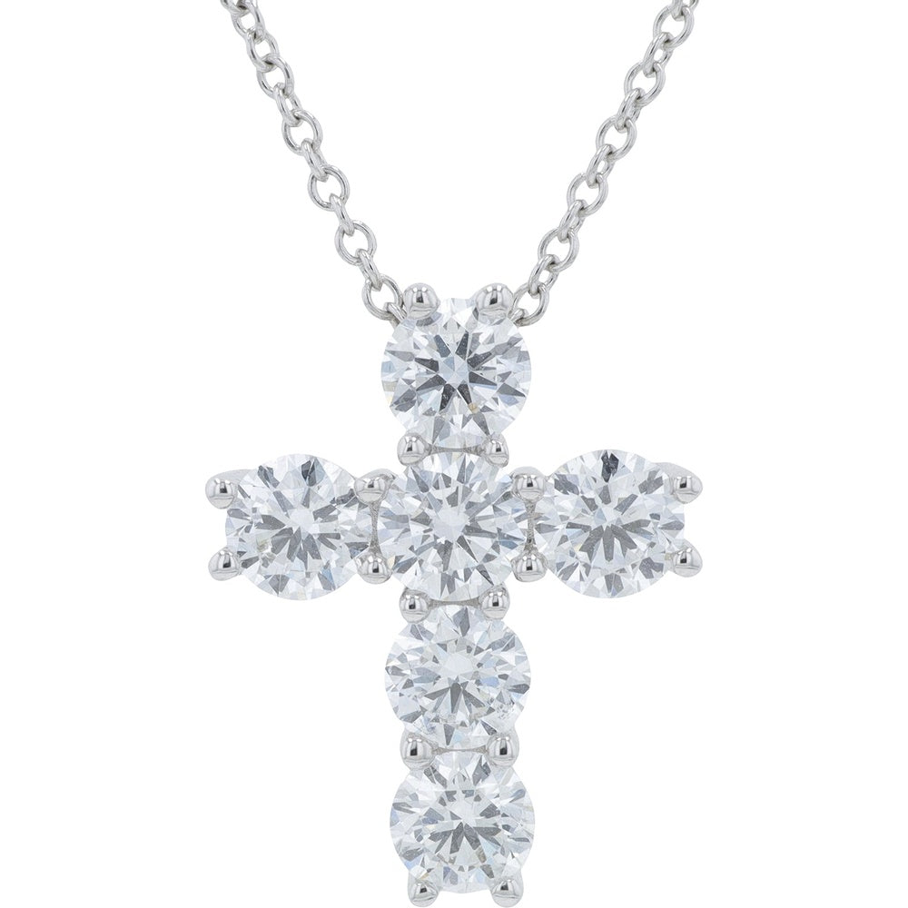 14K White Gold Cross Pendant with 6-Prong Set Round Lab Grown Diamonds - 3.00 Carat Total Diamond Weight