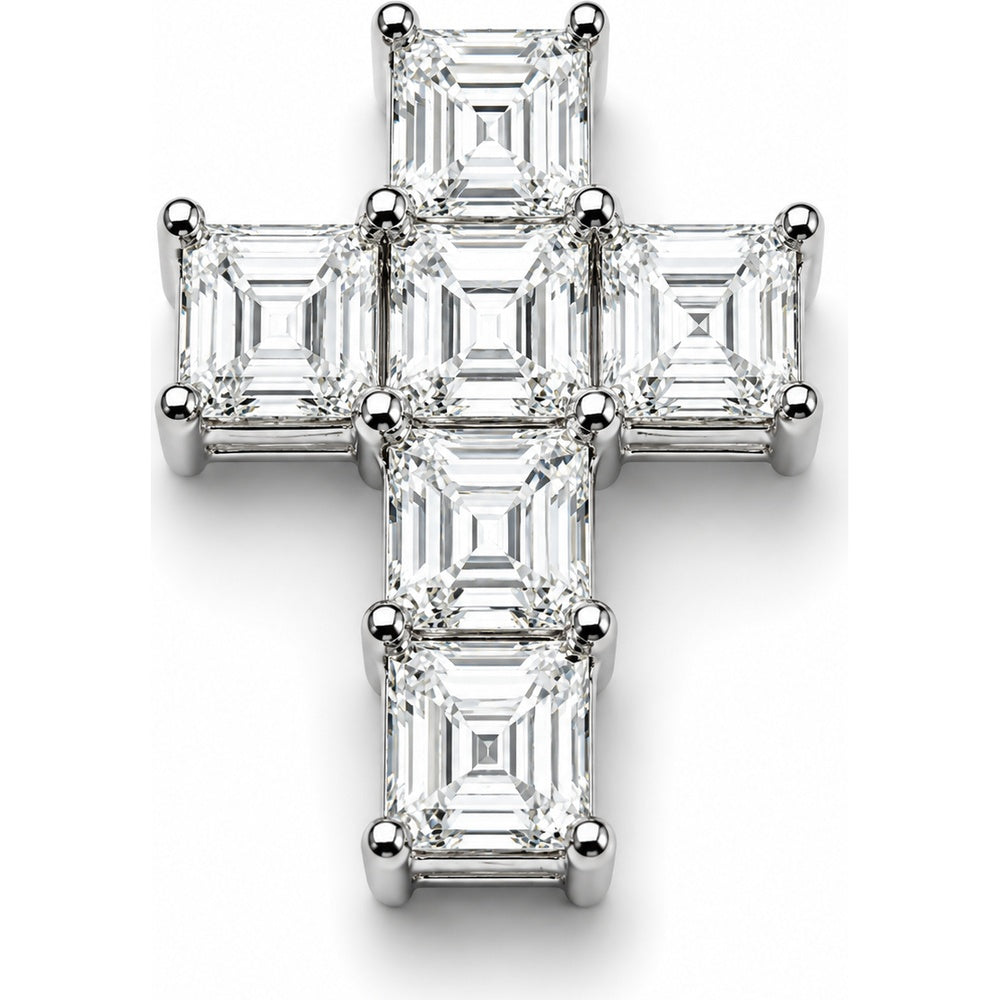 14K White Gold Cross Pendant with Asscher Cut Lab Grown Diamonds - 6.30 Carat Total Diamond Weight by Auriventus