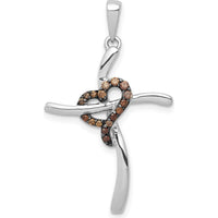 14K White Gold Cross Pendant with Heart Design and 1/10 Carat Natural Champagne Round Diamonds by Monteluci Fine Jewelry