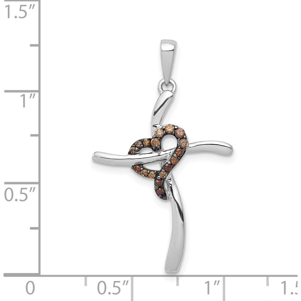 14K White Gold Cross Pendant with Heart Design and 1/10 Carat Natural Champagne Round Diamonds by Monteluci Fine Jewelry