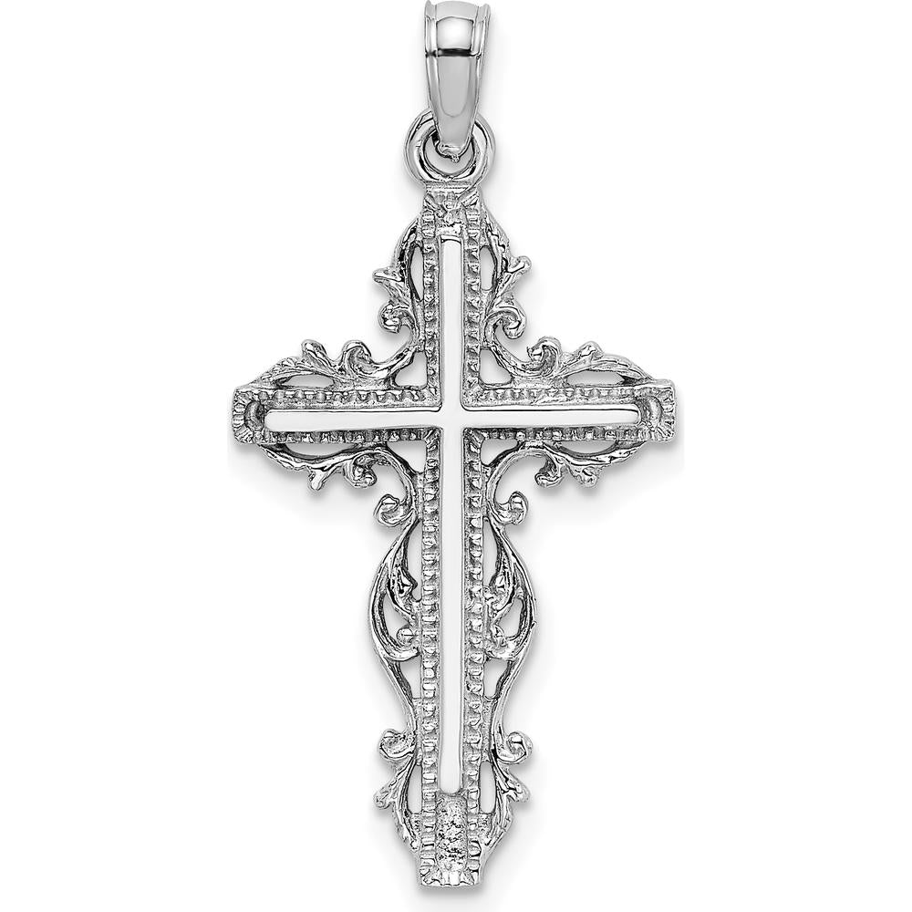 14K White Gold Cross Pendant with Lace Trim - Polished Finish by Oro Pregiato